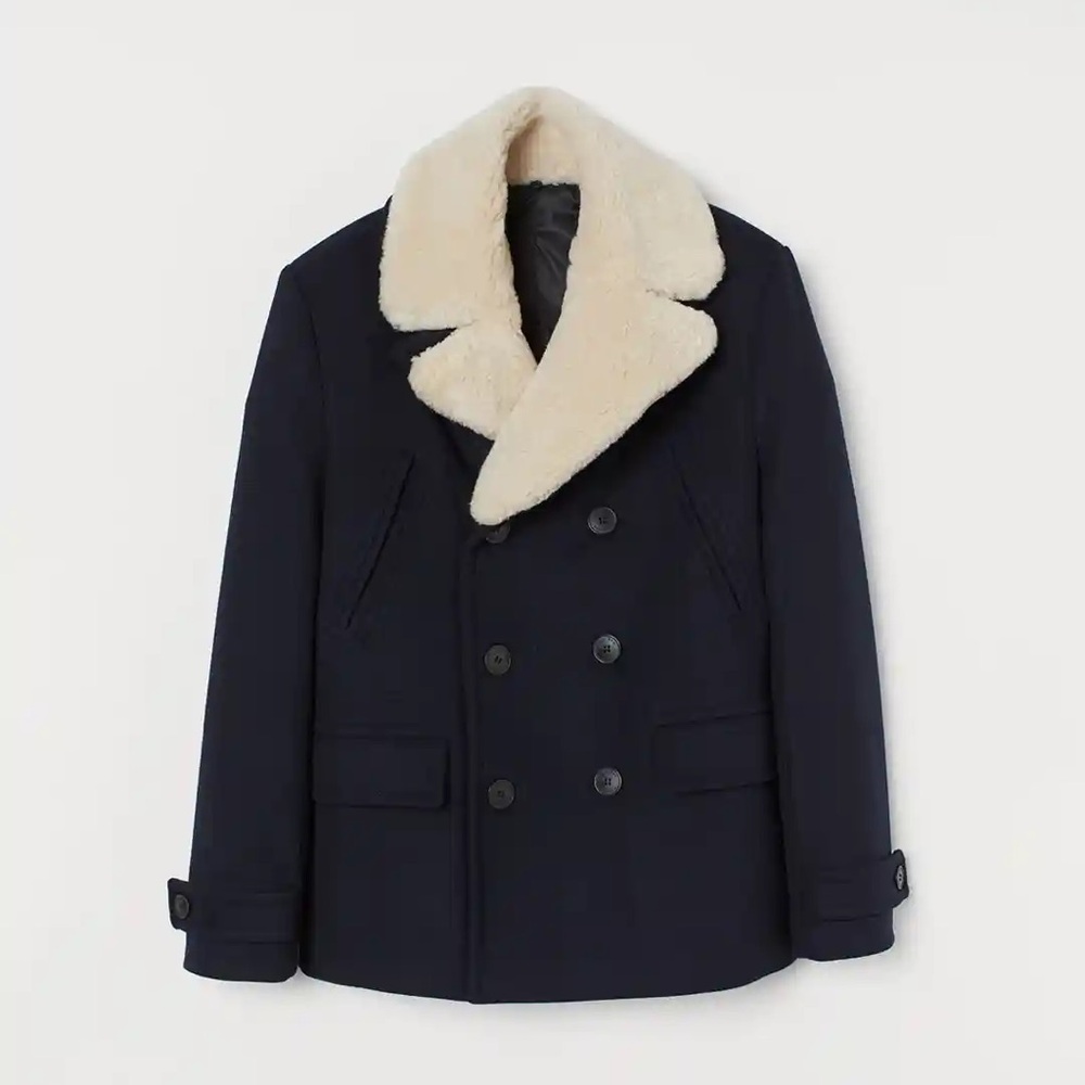 H&M Black Pea Coat with Removable Sherpa Collar